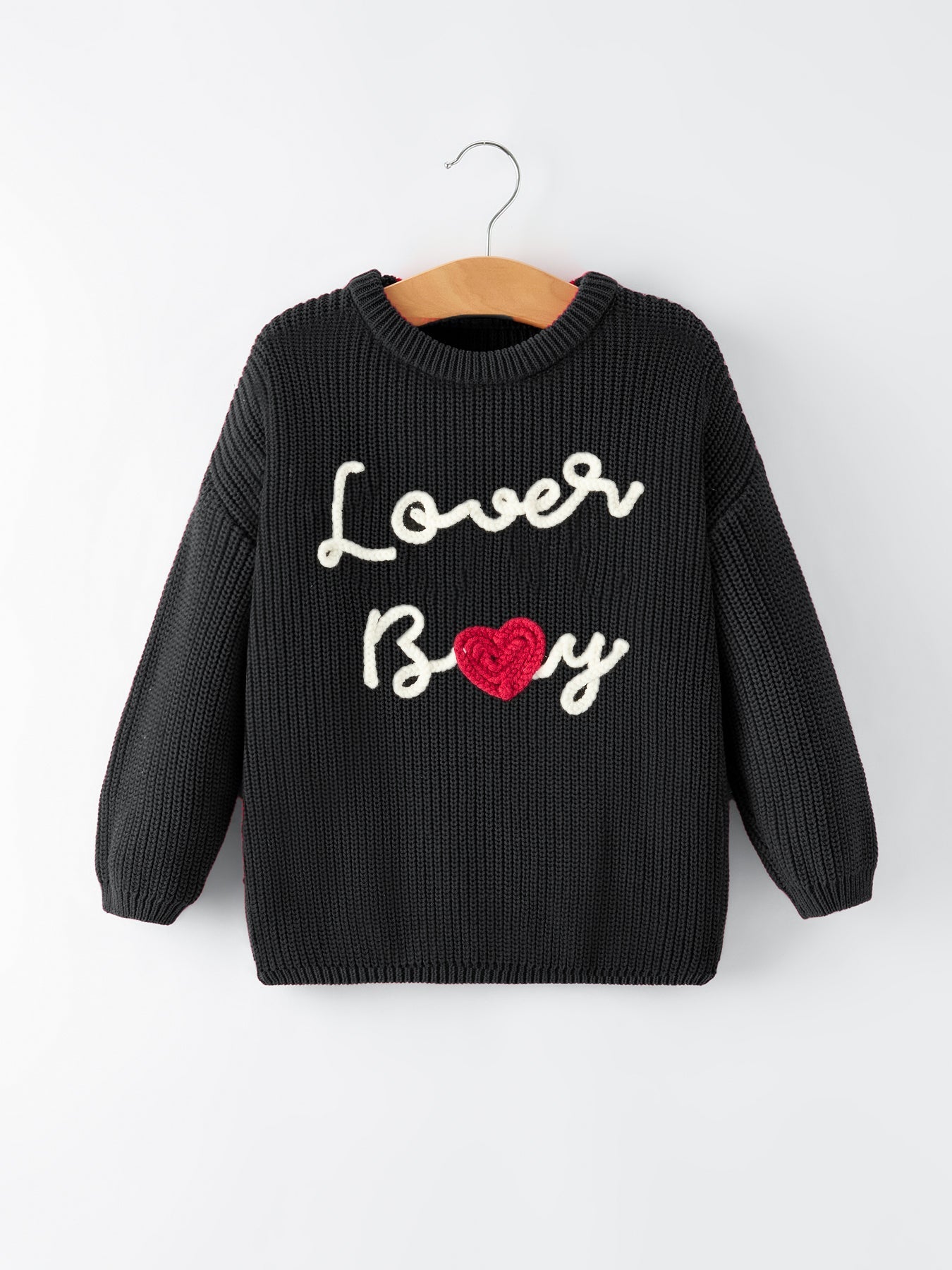 Valentine’s Day Boys Black Knitted Pullover Sweater with White "Lover Boy"  Embroidery