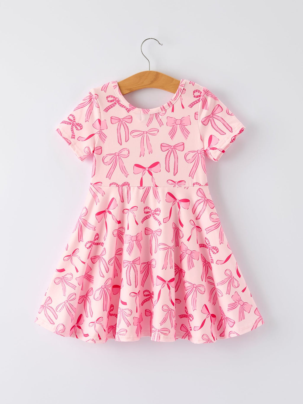 Girls Pink Dress with Bow Pattern - Cute Short Sleeve Outfit