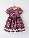 Retro Floral Print Short Sleeve  Girls Dress  with Pockets
