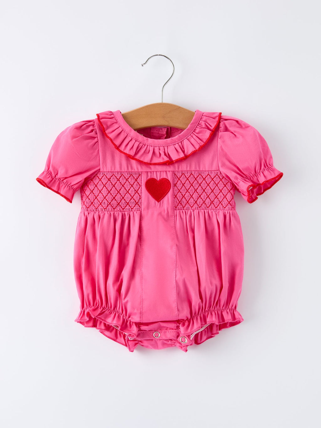 Valentine's Day Hot Pink Ruffle Collar Baby Romper Heart Applique