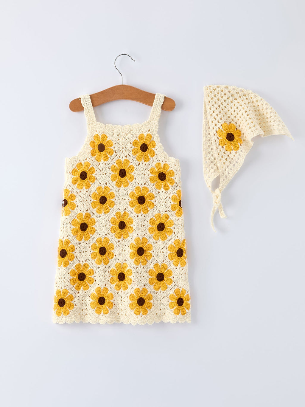 Summer Crochet Sunflower Girl Dress with Headscarf