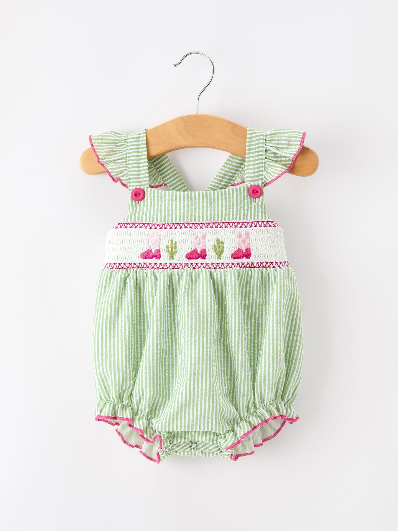 Western Boots Cactus Girls Romper Stripe Ruffle Strap Rylee Faith Designs