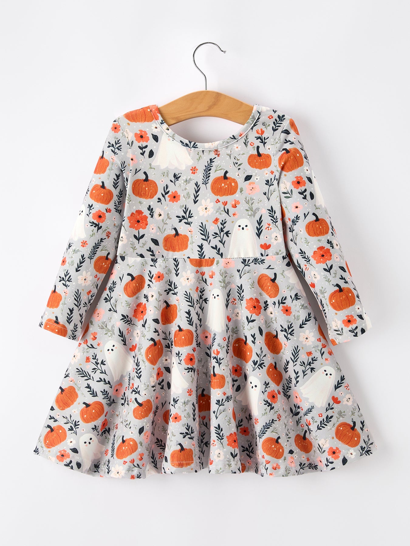Halloween Pumpkin Ghost Girls Dress Long Sleeve Twirl Dress Rylee Faith Designs