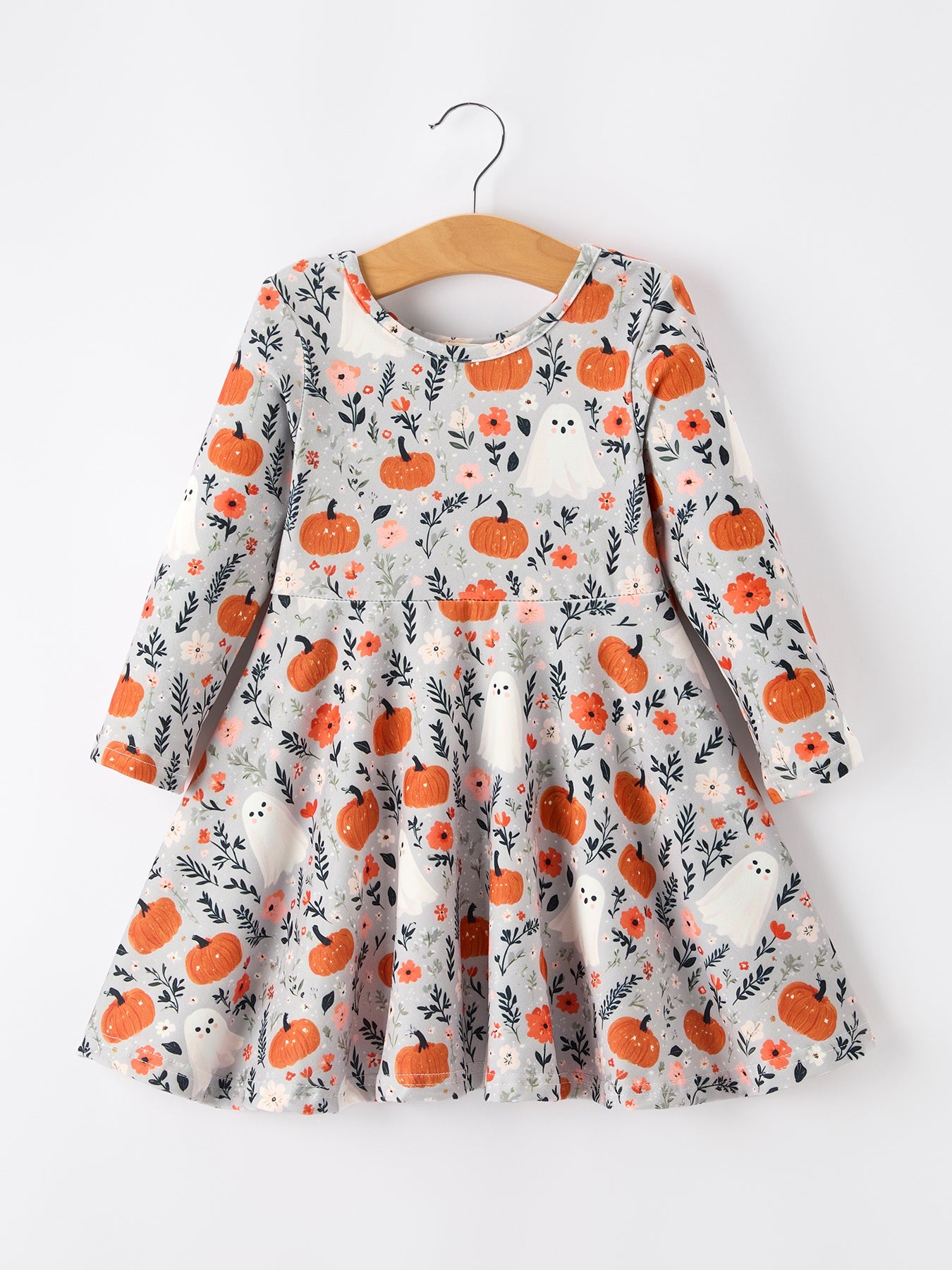 Halloween Pumpkin Ghost Girls Dress Long Sleeve Twirl Dress Rylee Faith Designs