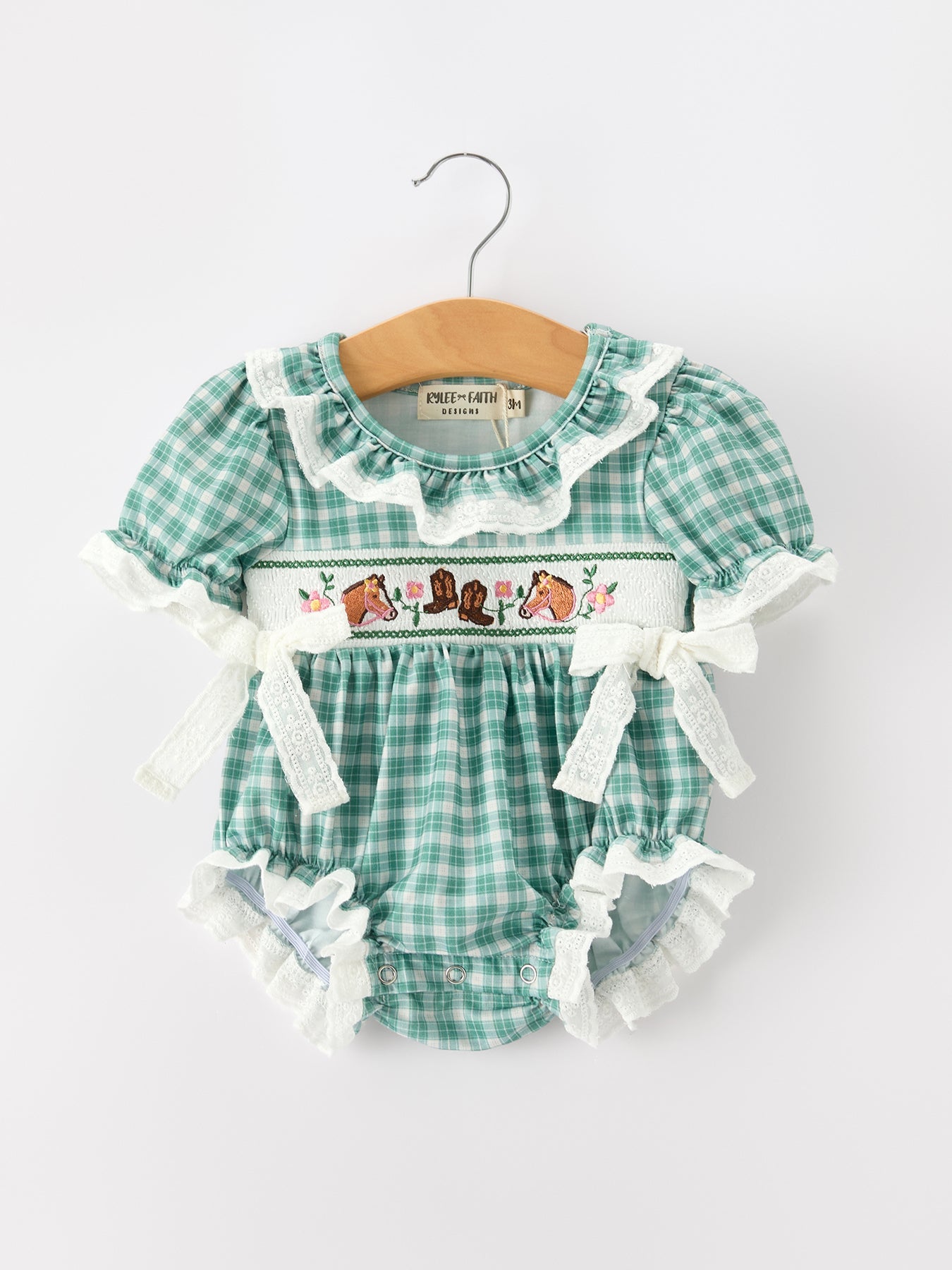 Western Plaid Horse Embroidered Girl Bubble Romper Rylee Faith Designs