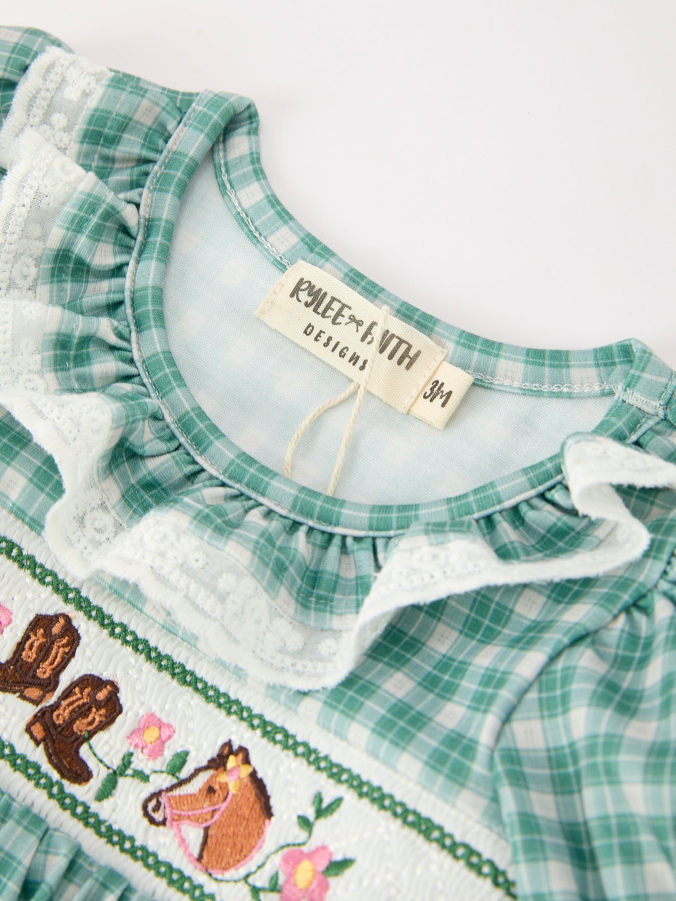 Western Plaid Horse Embroidered Girl Bubble Romper Rylee Faith Designs