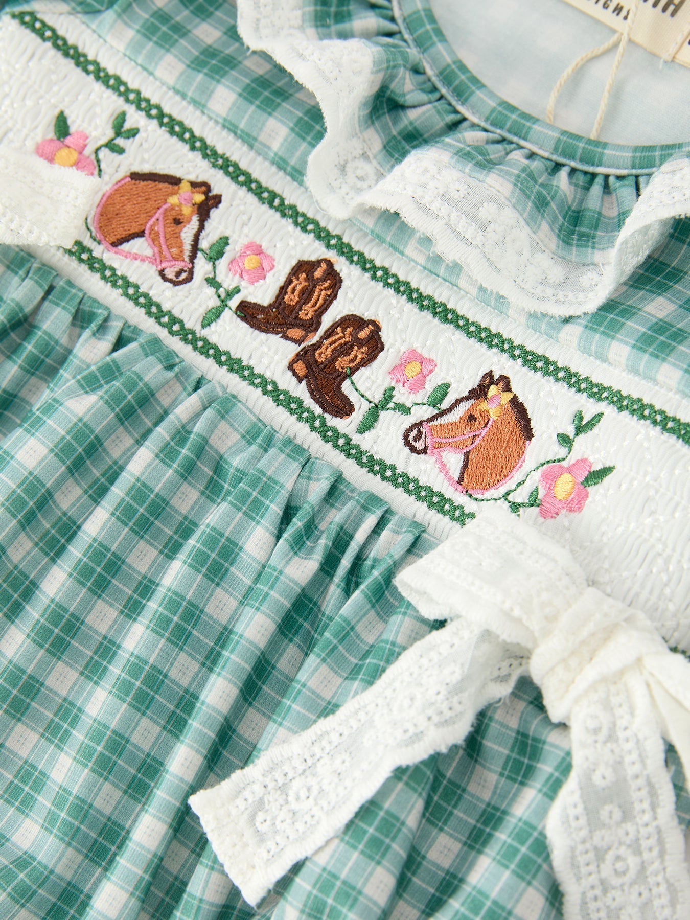 Western Plaid Horse Embroidered Girl Bubble Romper Rylee Faith Designs