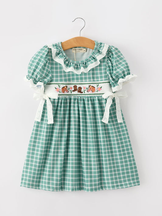 Western Plaid Horse Embroidered Girl Dress Rylee Faith Designs