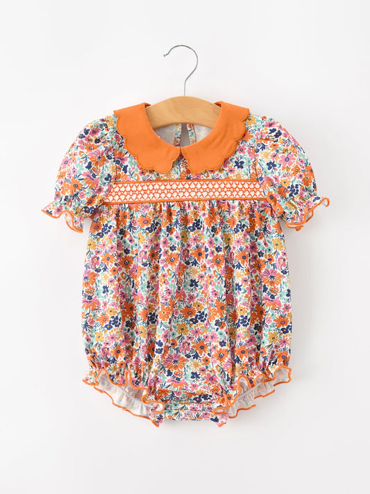 Fall Floral Smocked Petals Collar Girls Bubble Romper Rylee Faith Designs