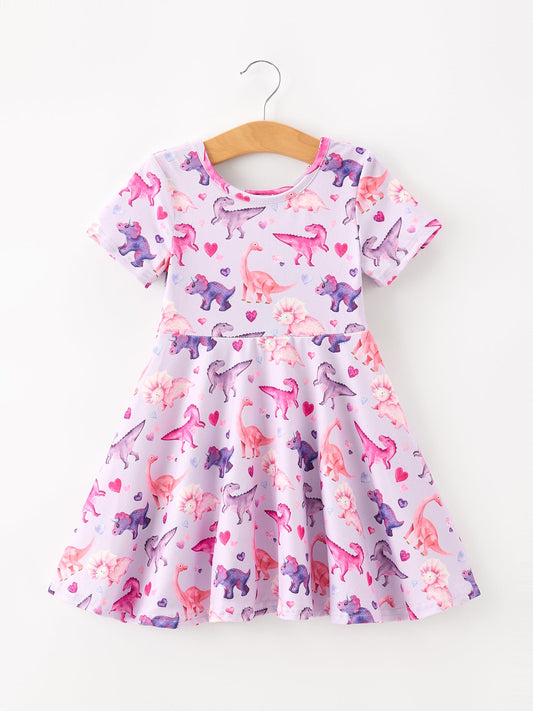 Dinosaur Heart Twirl Girls Dress Short Sleeves Rylee Faith Designs