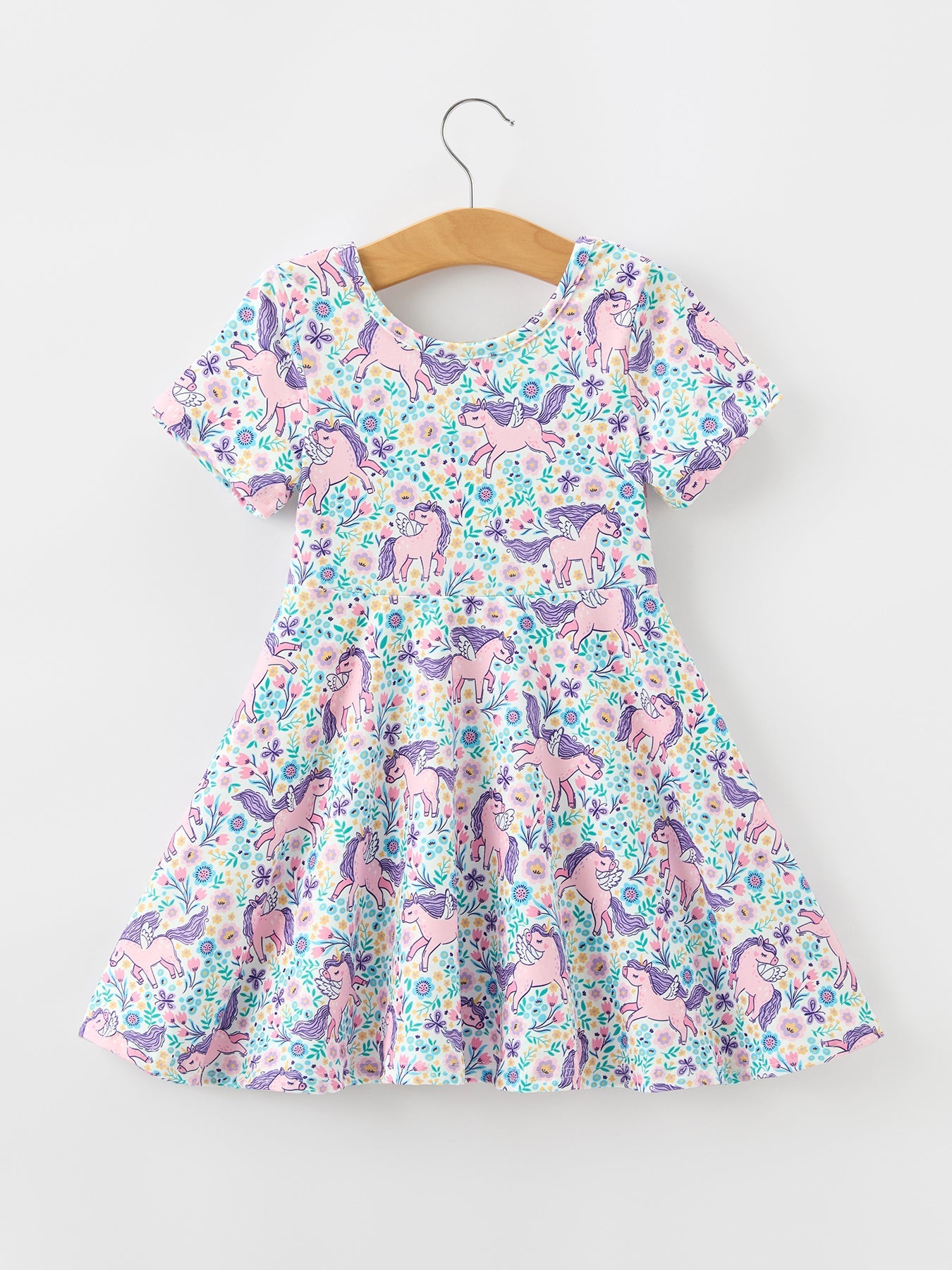 Unicorn Floral Print Girls Short Sleeve Twirl Dress Rylee Faith Designs