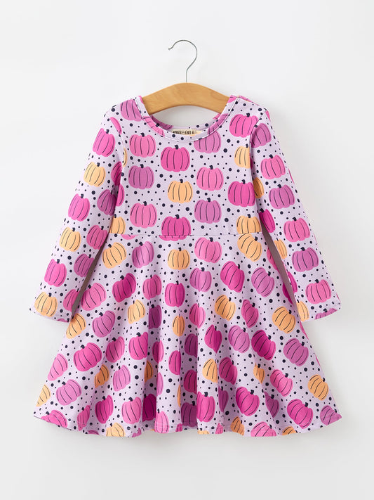 Halloween Pumpkin Print Girls Long Sleeve Twirl Dress Rylee Faith Designs