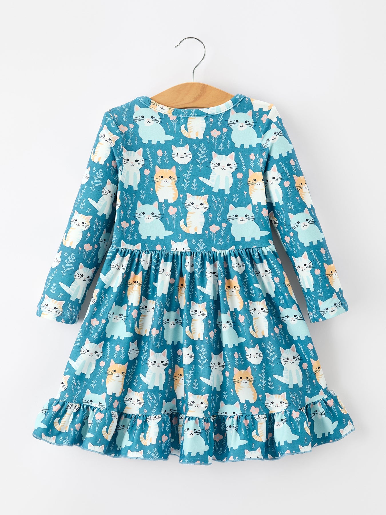 Fall Cat Print Girls Long Sleeve Ruffle Hem Dress Rylee Faith Designs
