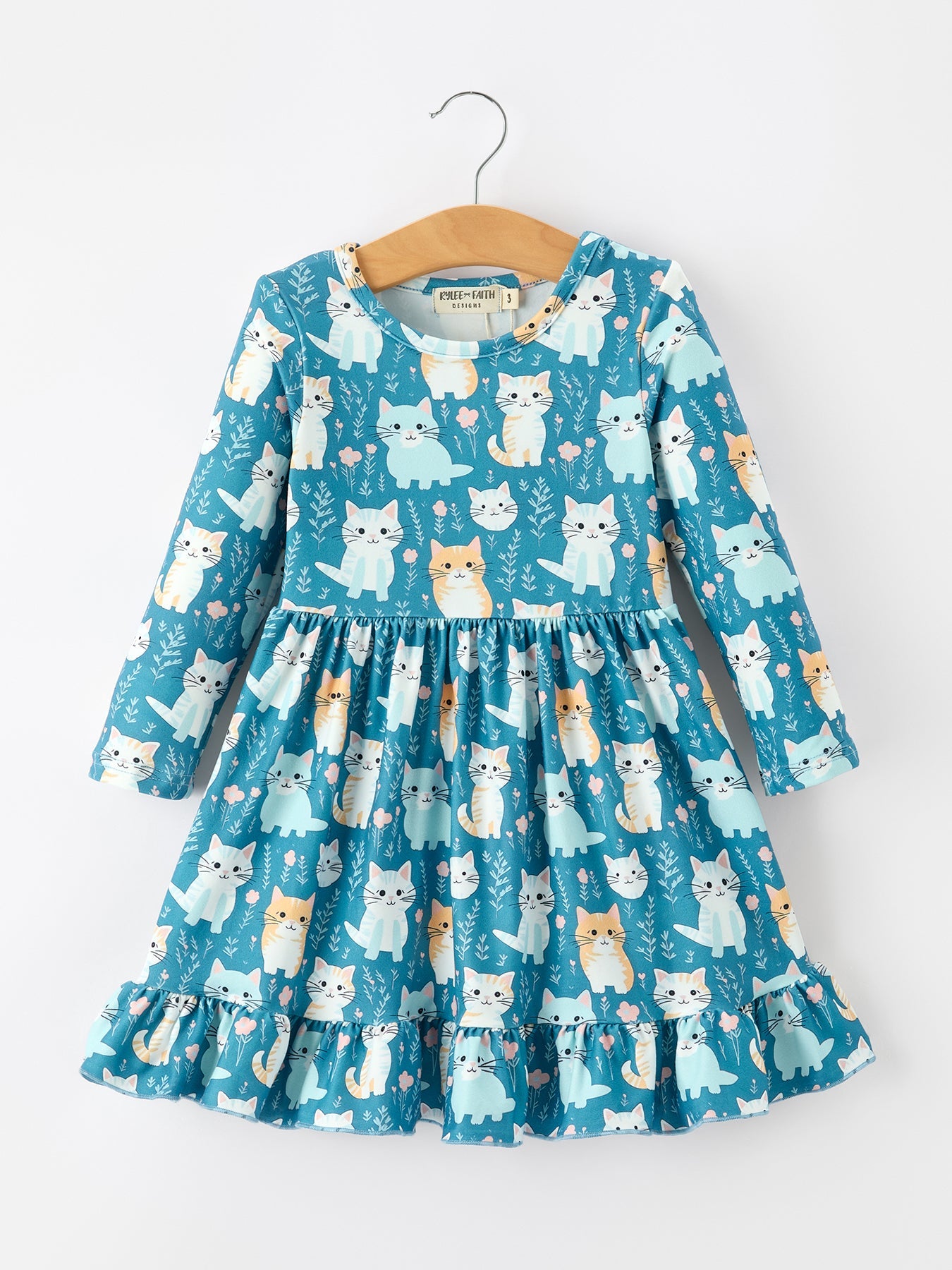 Fall Cat Print Girls Long Sleeve Ruffle Hem Dress Rylee Faith Designs