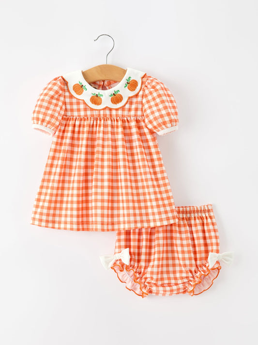 Thanksgiving Halloween Pumpkin Puff Sleeve Girls Bloomer Set Rylee Faith Designs