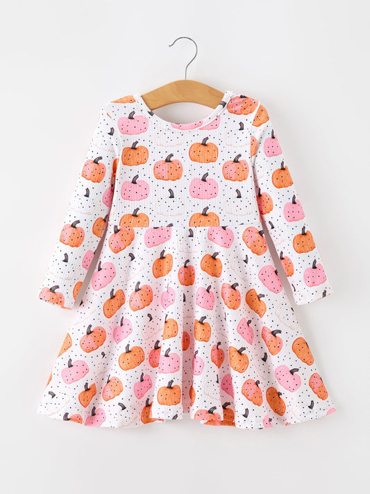 Fall Pumpkin Print Girls Twirl Dress Long Sleeve Rylee Faith Designs