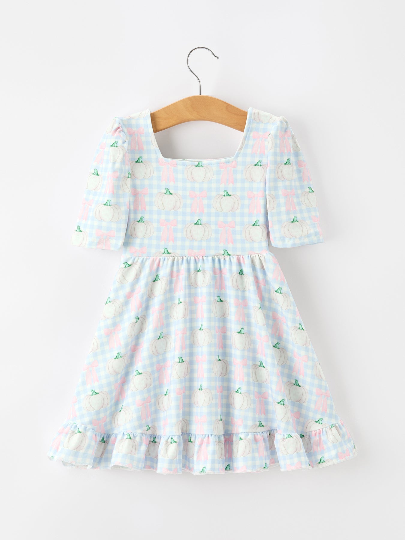 Fall Pastel Pumpkin Bow Plaid Girls Ruffle Hem Dress Rylee Faith Designs