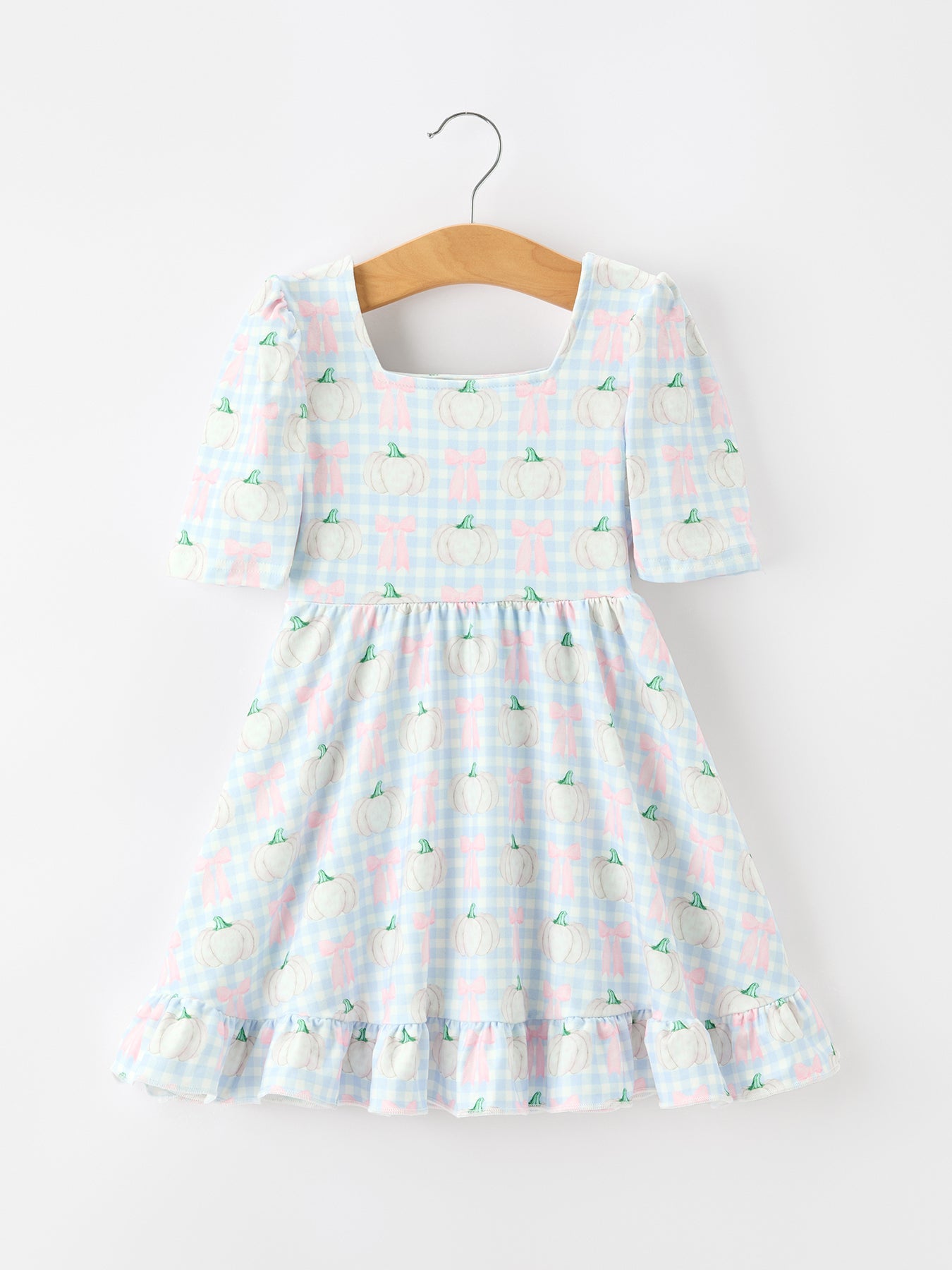 Fall Pastel Pumpkin Bow Plaid Girls Ruffle Hem Dress Rylee Faith Designs