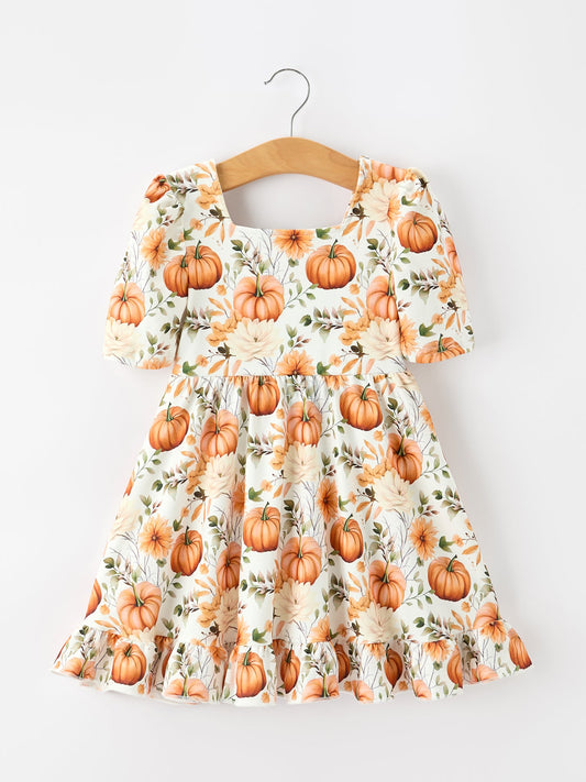 Fall Pumpkin Floral Girls Ruffle Hem Dress Rylee Faith Designs