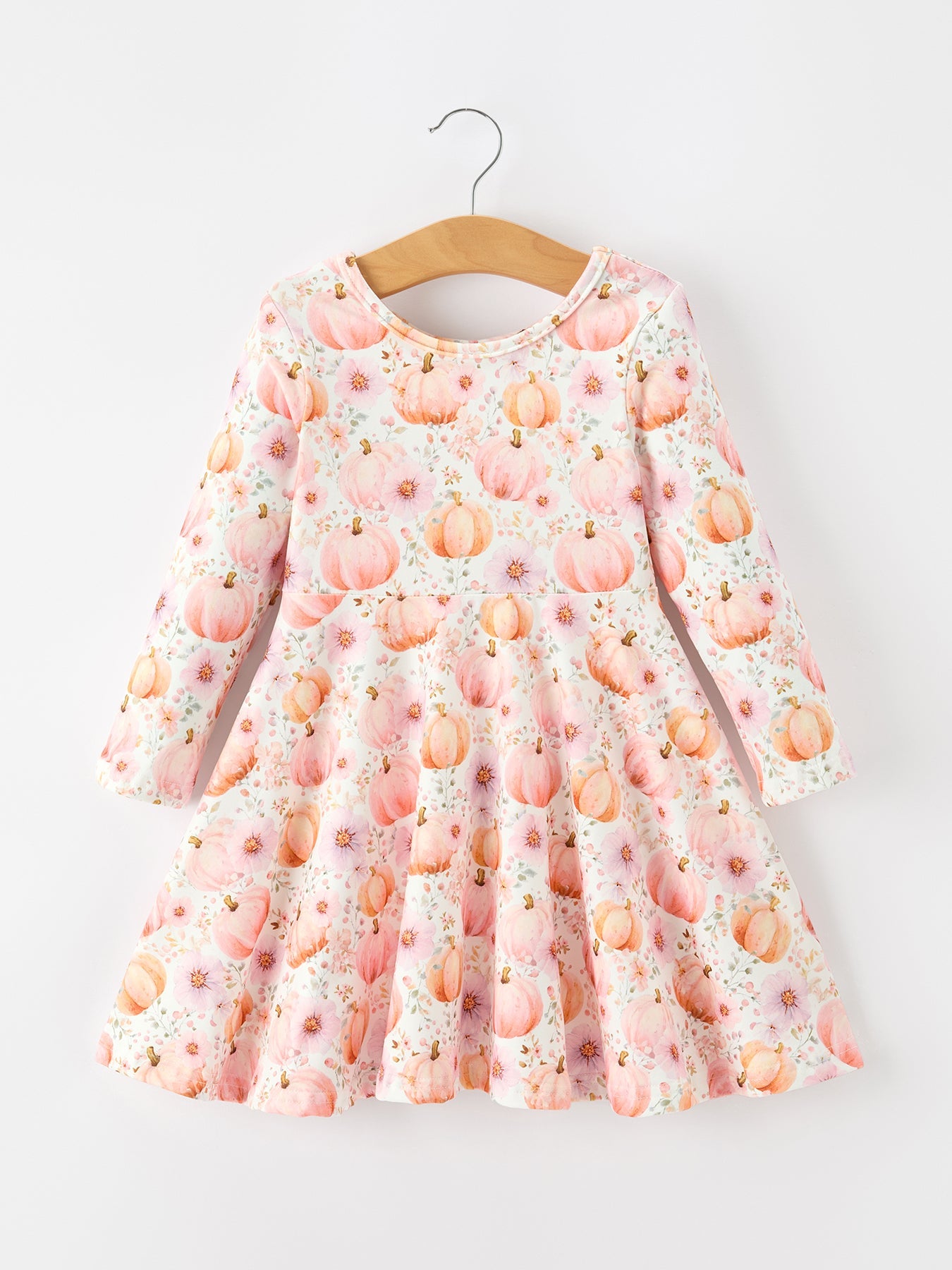Fall Pink Pumpkin Girls Long Sleeve Twirl Dress Rylee Faith Designs