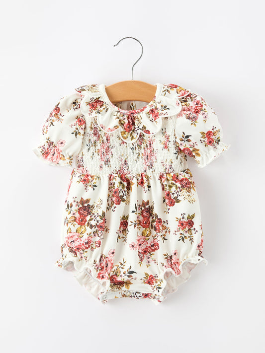 Fall Garden Baby Romper Smocked Petal Collar Bow Rylee Faith Designs