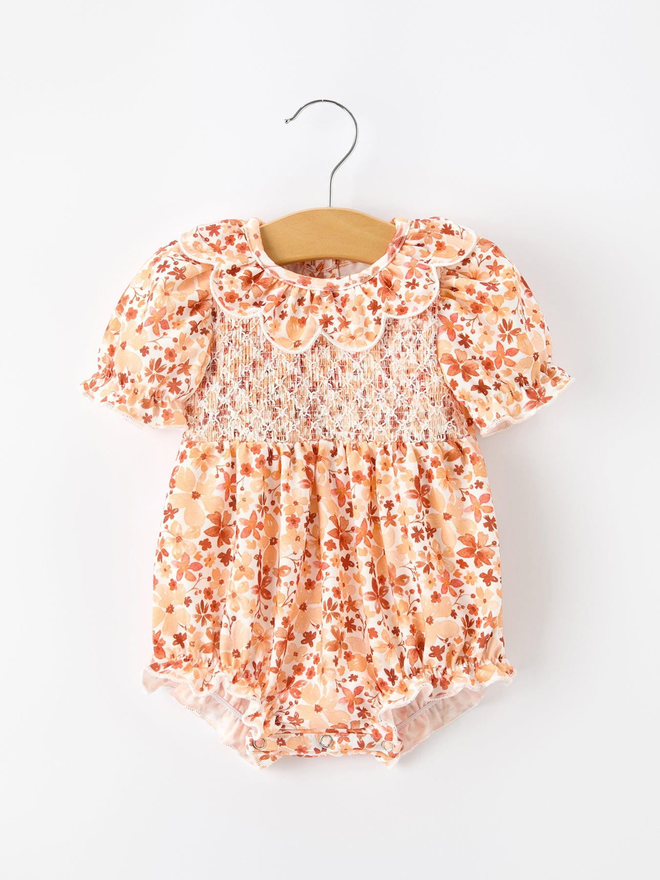 Fall Rust Floral Baby Romper Smocked Petal Collar Rylee Faith Designs