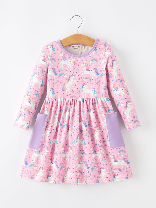Pink Unicorn Girls Pocket Dress Rainbow Star Print Rylee Faith Designs