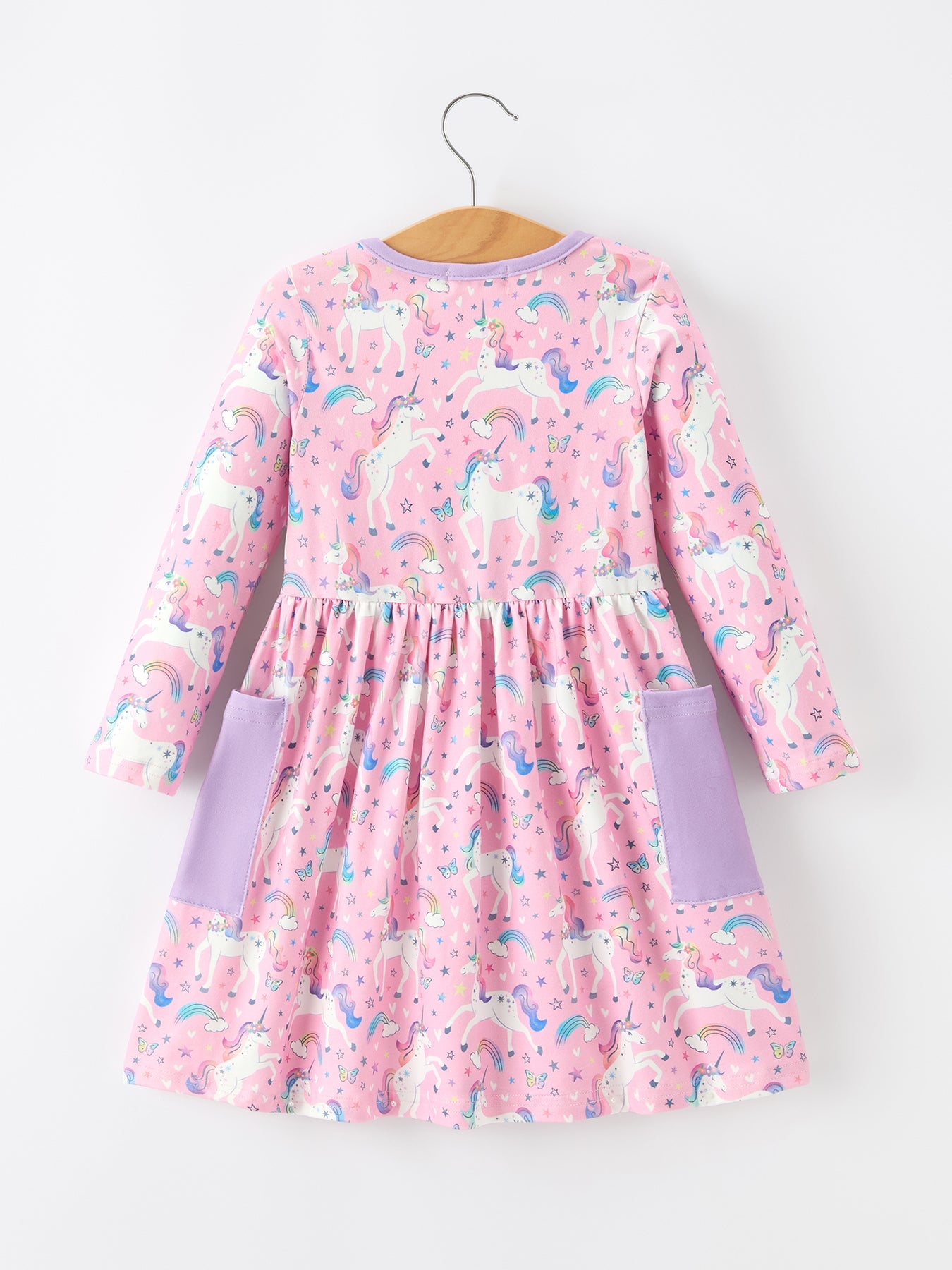 Pink Unicorn Girls Pocket Dress Rainbow Star Print Rylee Faith Designs
