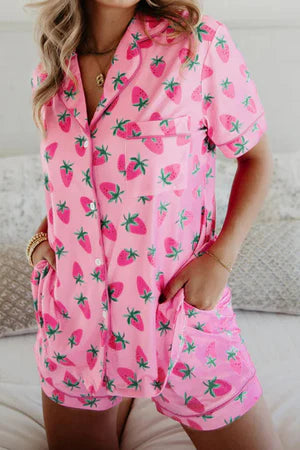 STRAWBERRY SNOOZE PINK BUTTON TOP AND SHORTS PAJAMA SET **SHIPPING EXPECTED TO BEGIN ON DATE 9/1**
