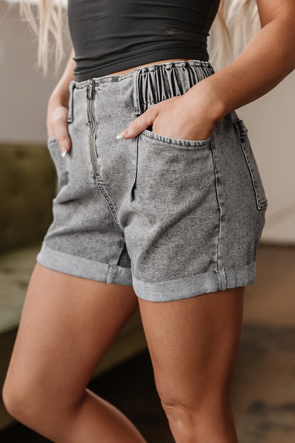 Gray Light Wash Cuffed Edge Denim Shorts