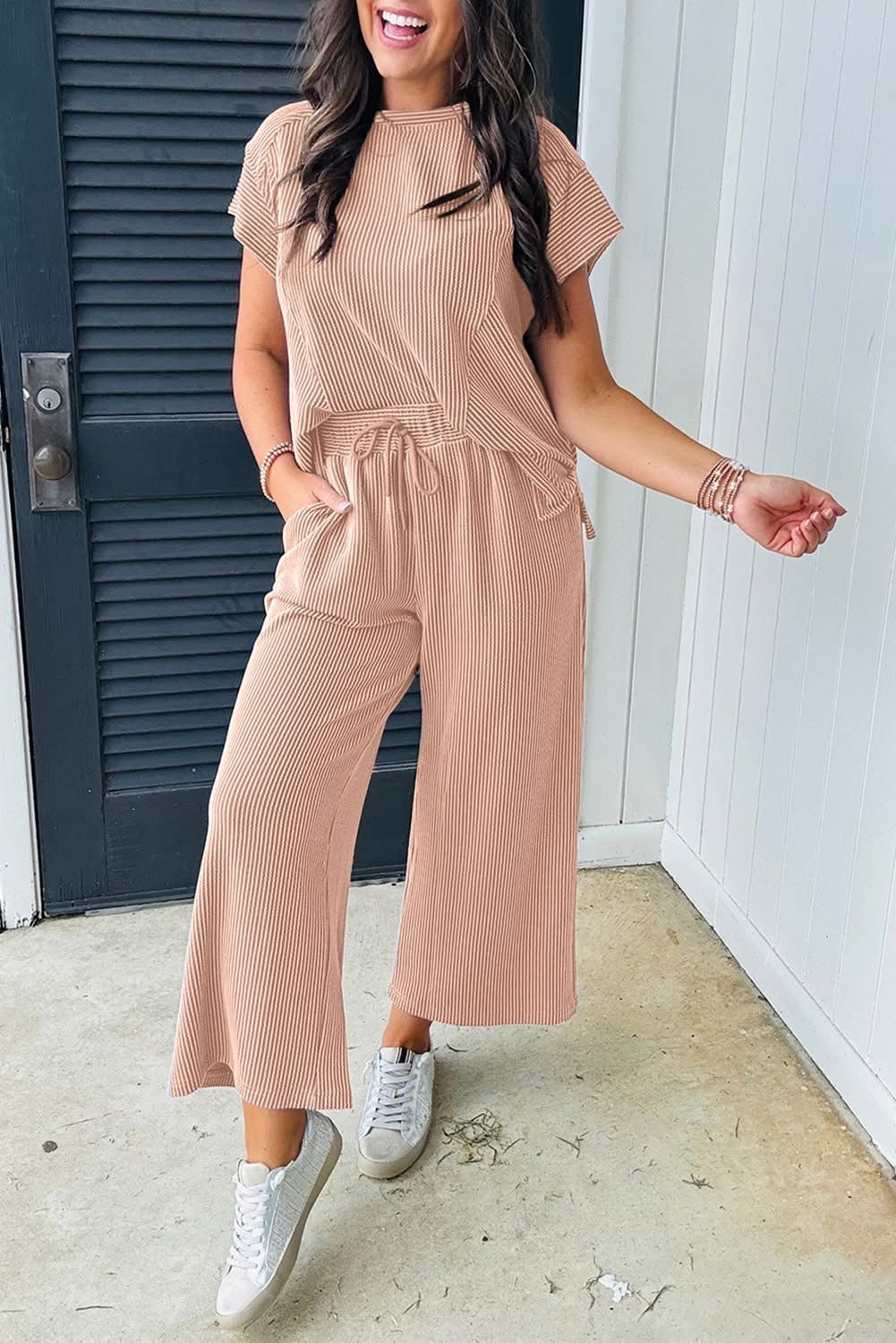 Solid Corded Wide Leg Pants Set