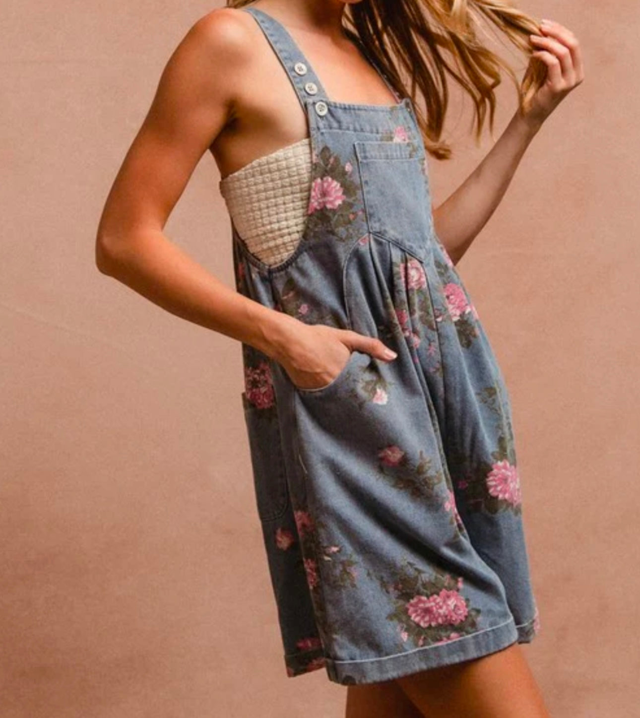Flower Printed Wide Strap Denim Overalls