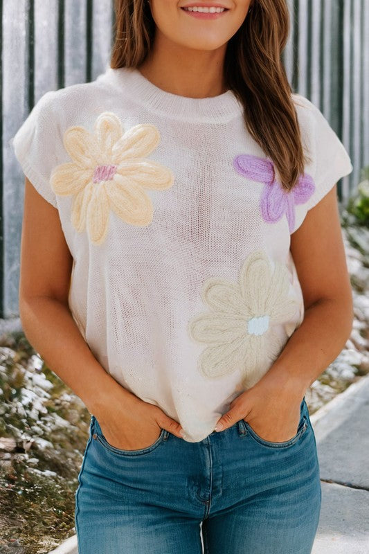 Sweet As Can Be - Big Flower Knit Short Sleeve Sweater