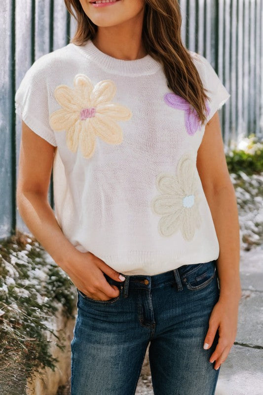 Sweet As Can Be - Big Flower Knit Short Sleeve Sweater