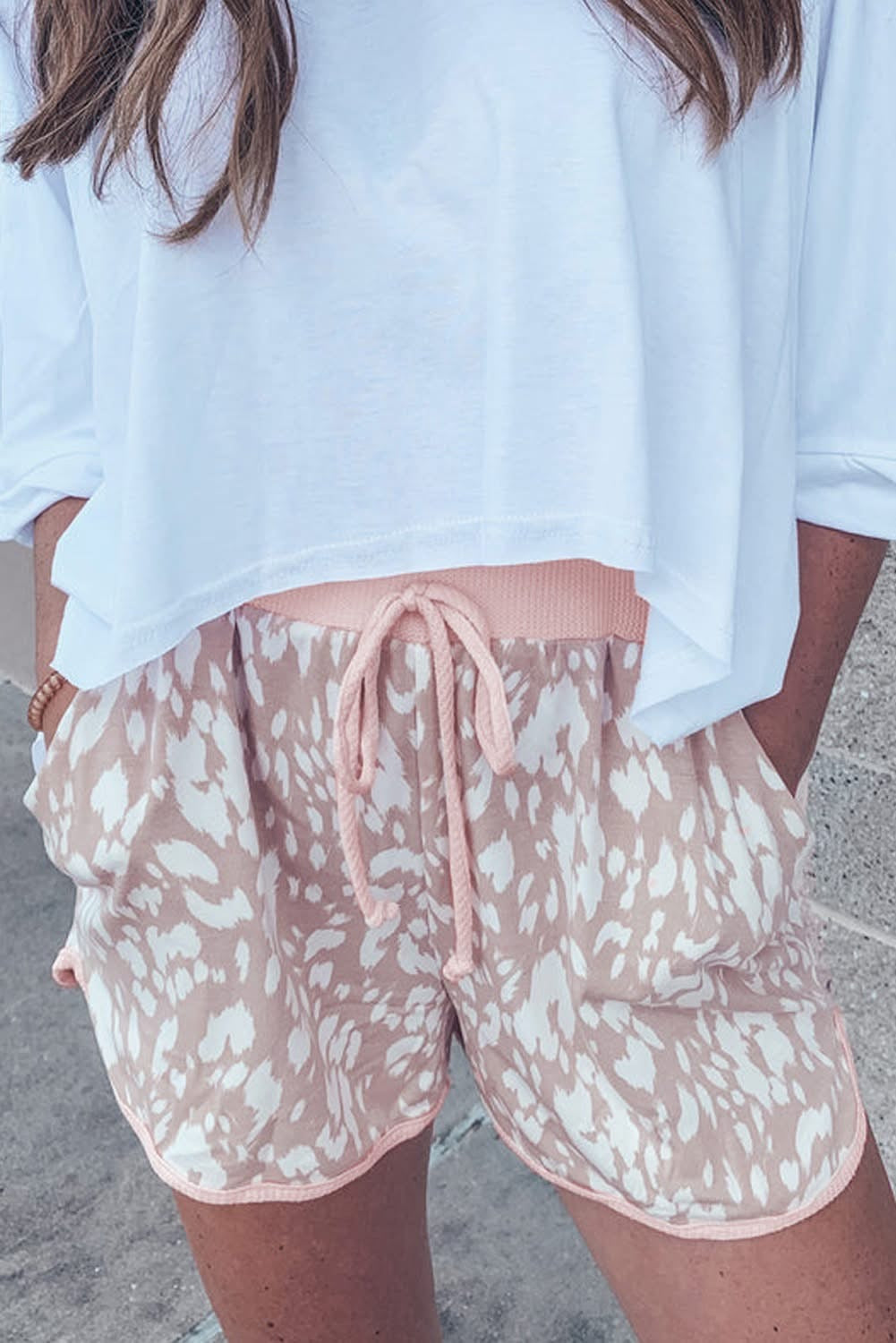 Khaki Leopard Arched Hem Elastic waist Shorts