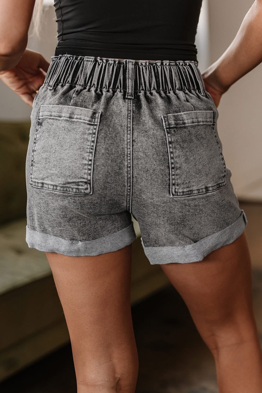 Gray Light Wash Cuffed Edge Denim Shorts