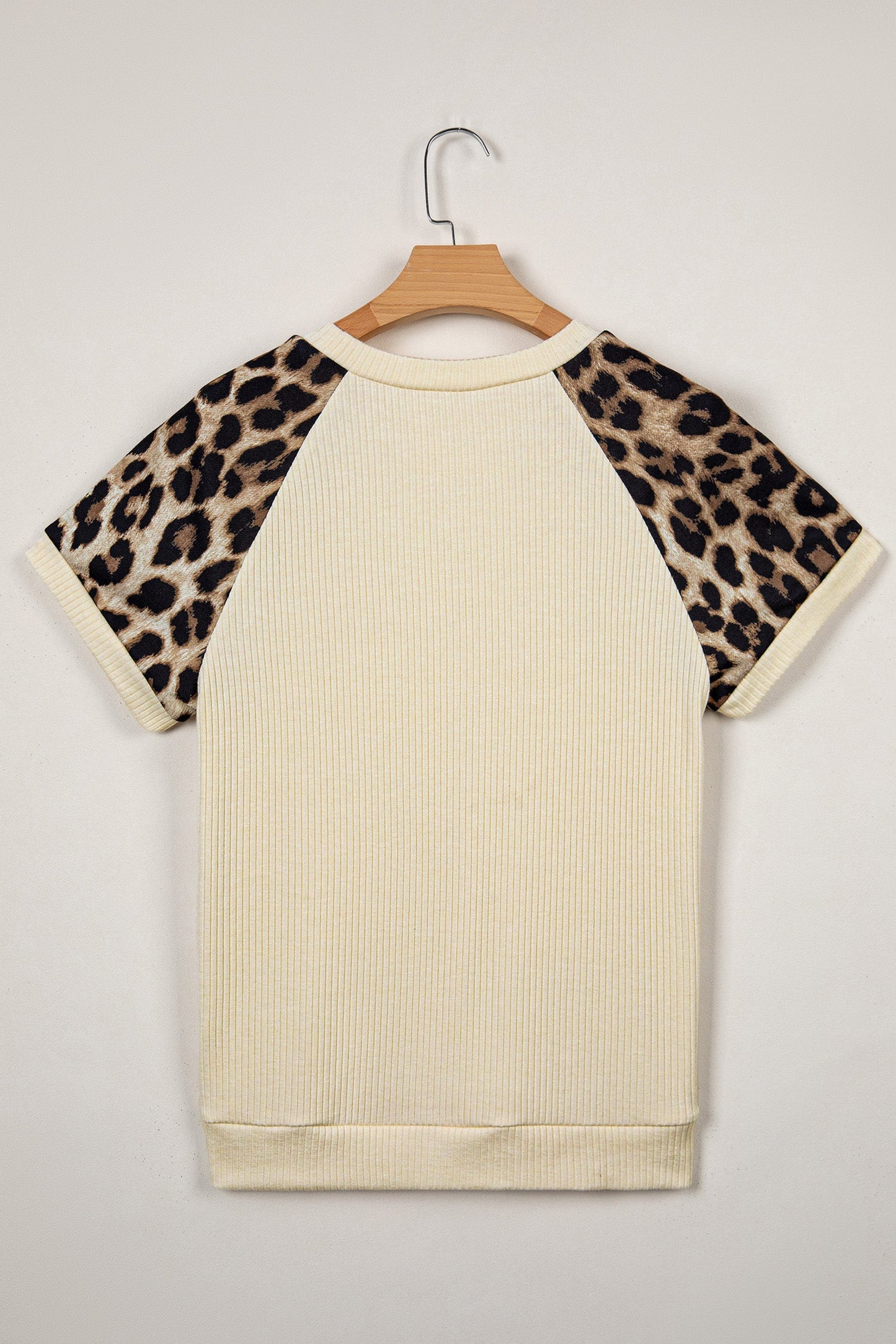 Apricot Ribbed Color Block Leopard Contrast Sleeve Loose Tee