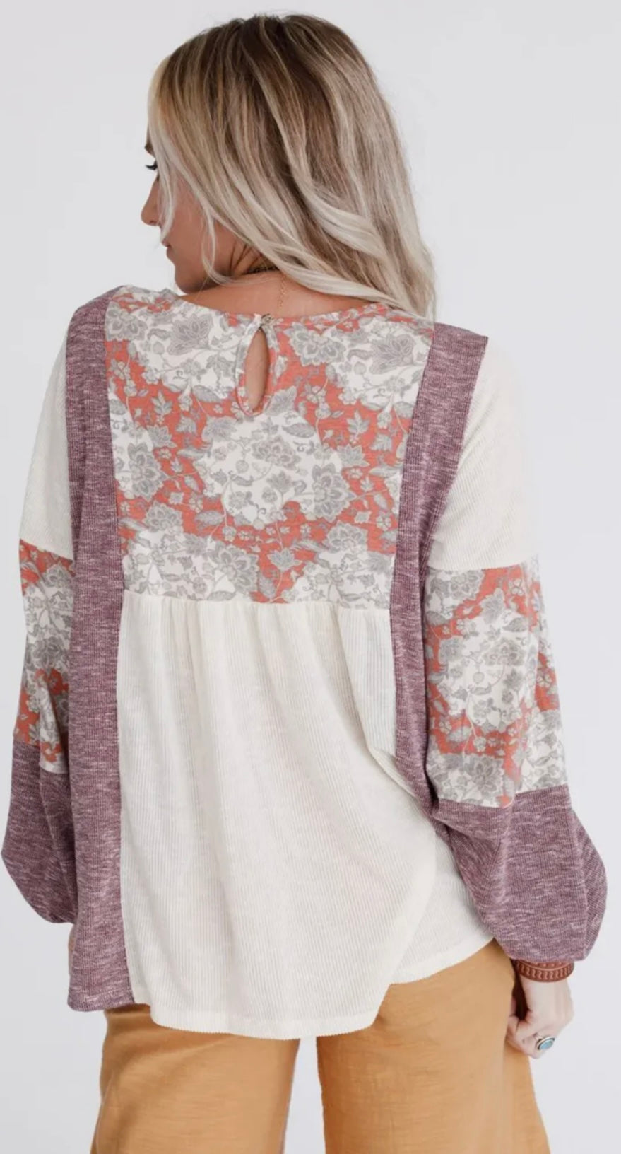 Ribbed Floral Colorblock Bubble Sleeve Top
