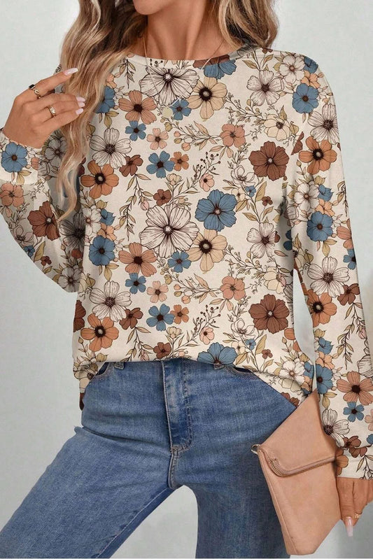 Khaki Floral Crew neck T shirt