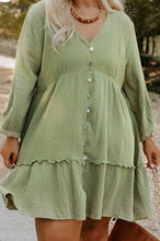 Load image into Gallery viewer, Plus Size Textured Ruffled Green Buttoned Vneck Dress
