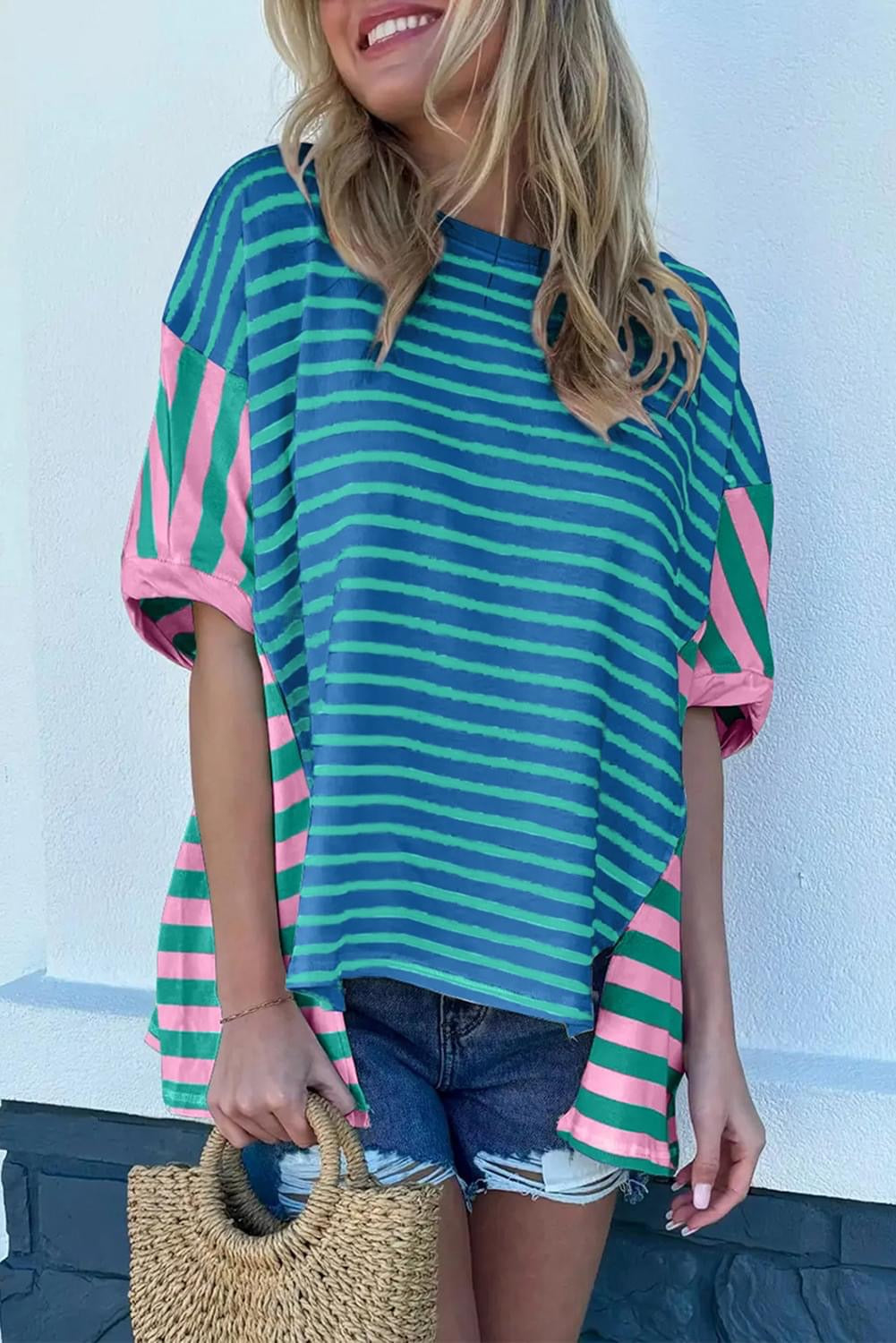 Colorblock Patchwork Stripe Baggy Tee