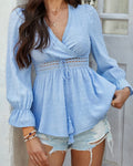 Devine Swiss Dot Lace Detail Surplice Flounce Sleeve Blouse
