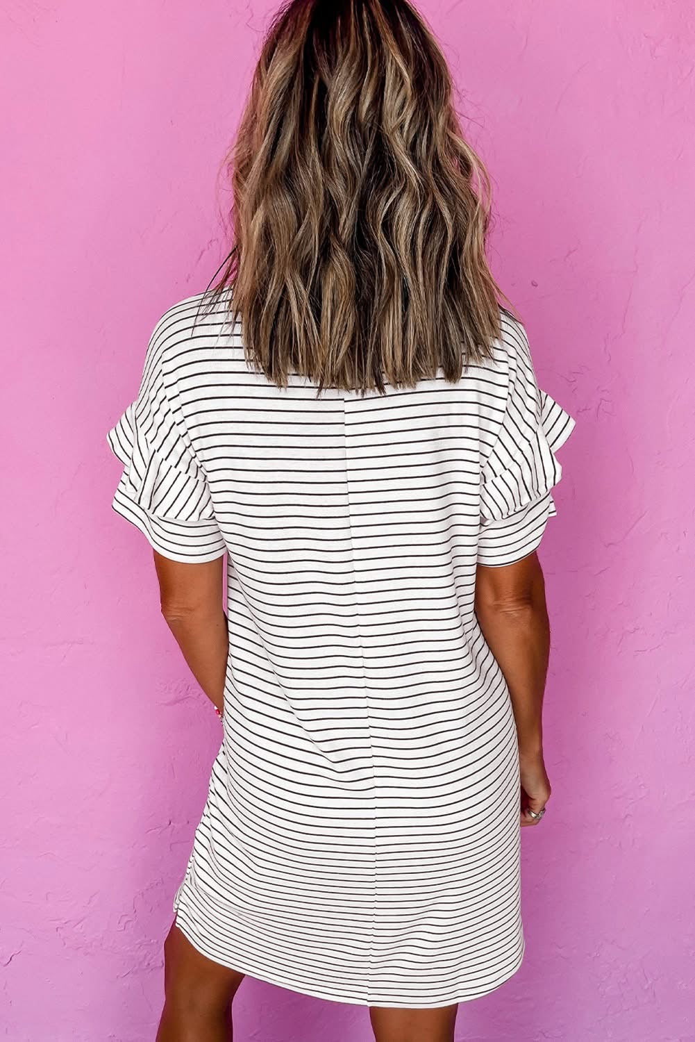 White Stripe Ruffled Crew Neck T shirt dress