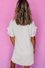 Load image into Gallery viewer, White Stripe Ruffled Crew Neck T shirt dress
