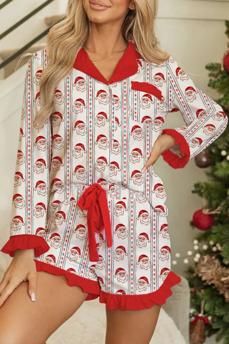 SANTA BABY RUFFLED BUTTON TOP AND SHORTS PAJAMA SET **SHIPPING EXPECTED TO BEGIN ON DATE 10/29**