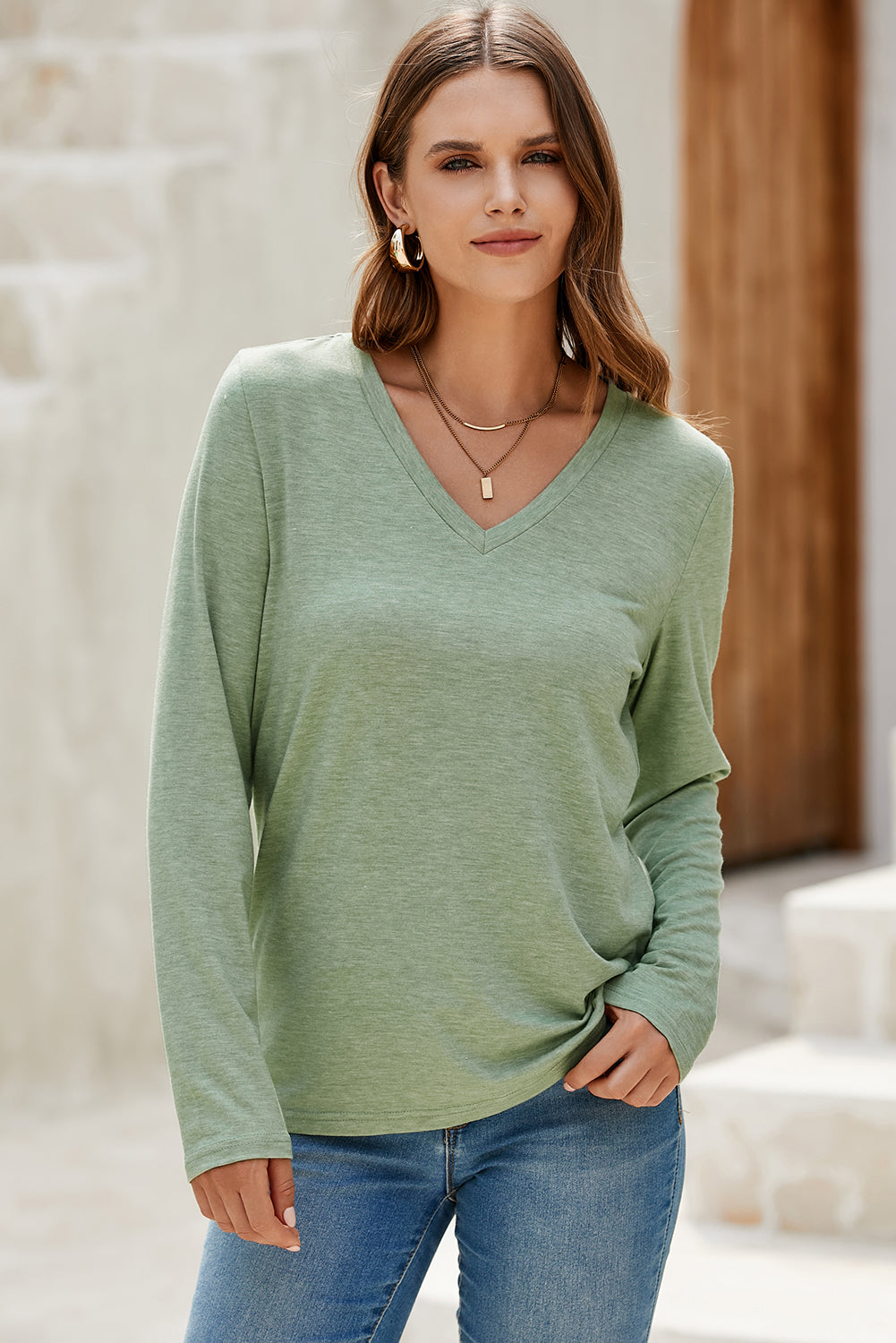 Grass Green Solid Color V Neck Long Sleeve Stretchy Top Wild and Free Boutique