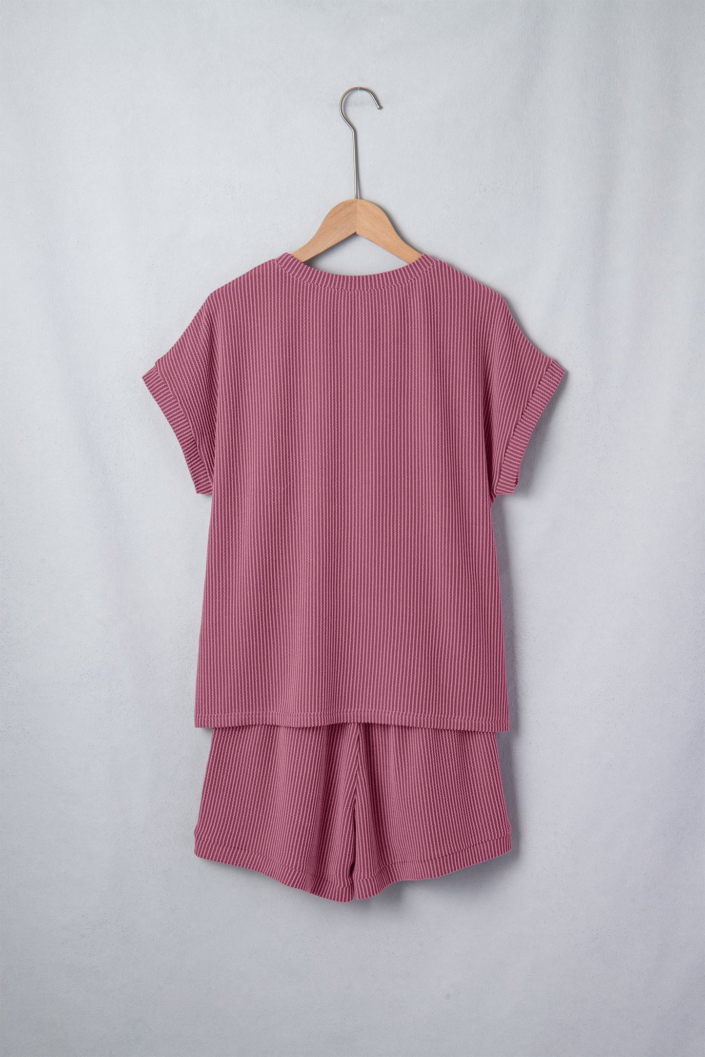 Pitaya Pink Twisted Ribbed Loose Tee Drawstring Elastic Waist 2pcs Short Set