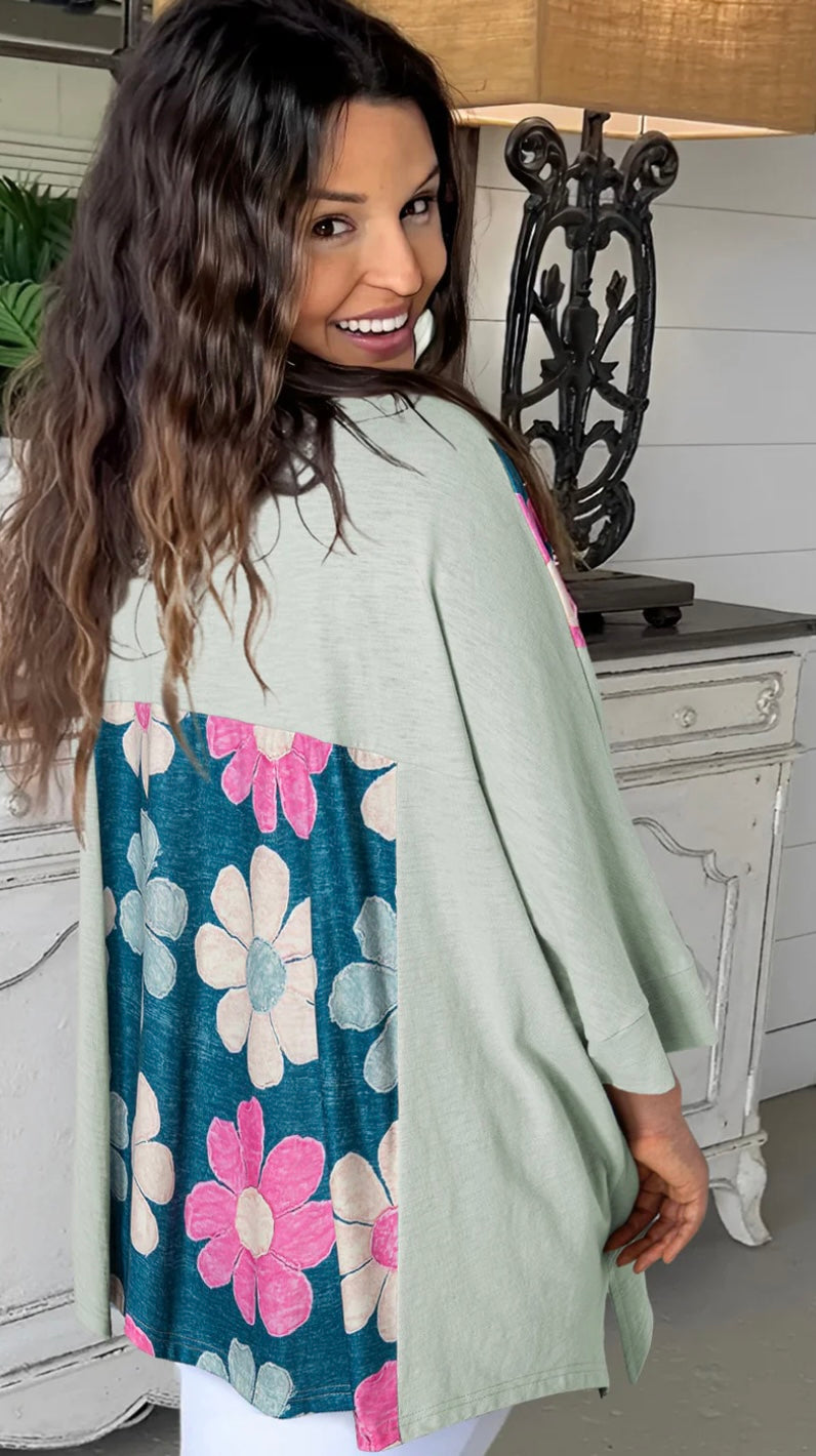 Plus Size Flower Patchwork Exposed Seam Top