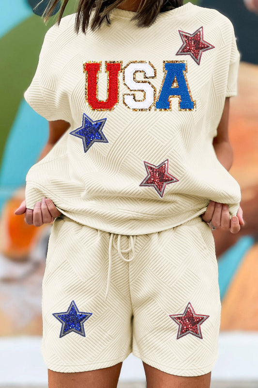 Apricot USA Star Patched Graphic Textured Short Set Wild and Free Boutique