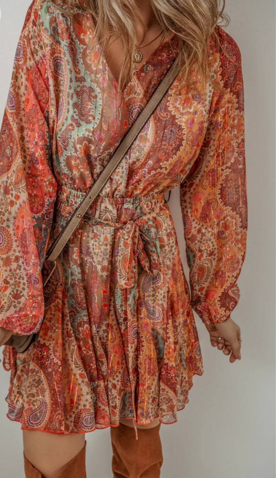 Printed Surplice Long Sleeve Mini Dress